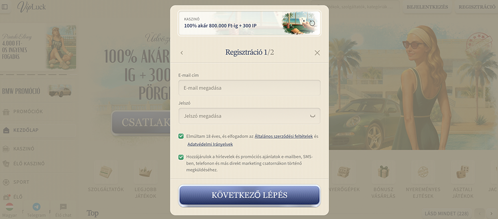 Regisztráció a VipLuck Kaszinó felületére
