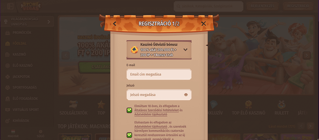 StoneVegas regisztráció, üdvözlő bónusz