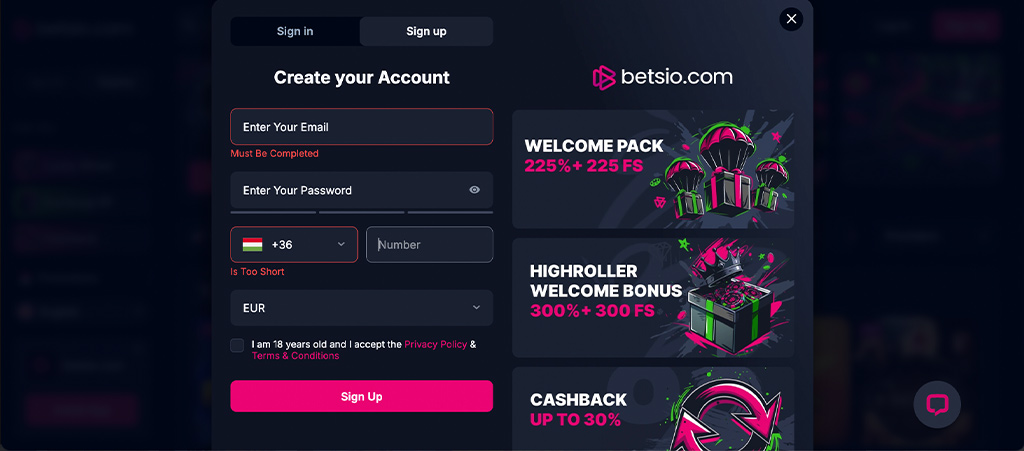 Regisztráció a Betsio Casino oldalon