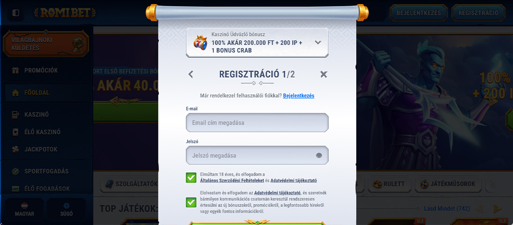Romi Casino, online casino, regisztráció
