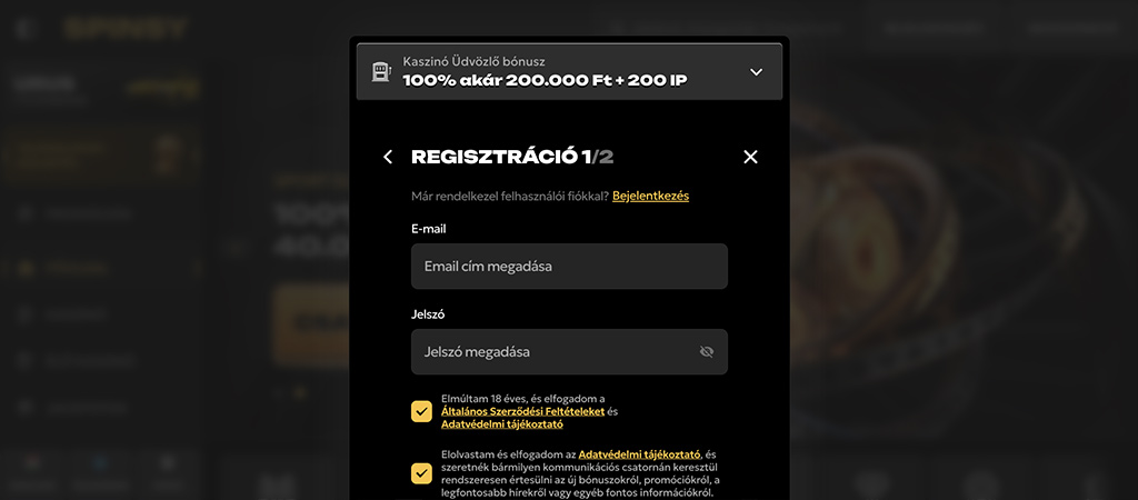 Regisztráció a Spinsy Casino oldalon, mobil kaszino