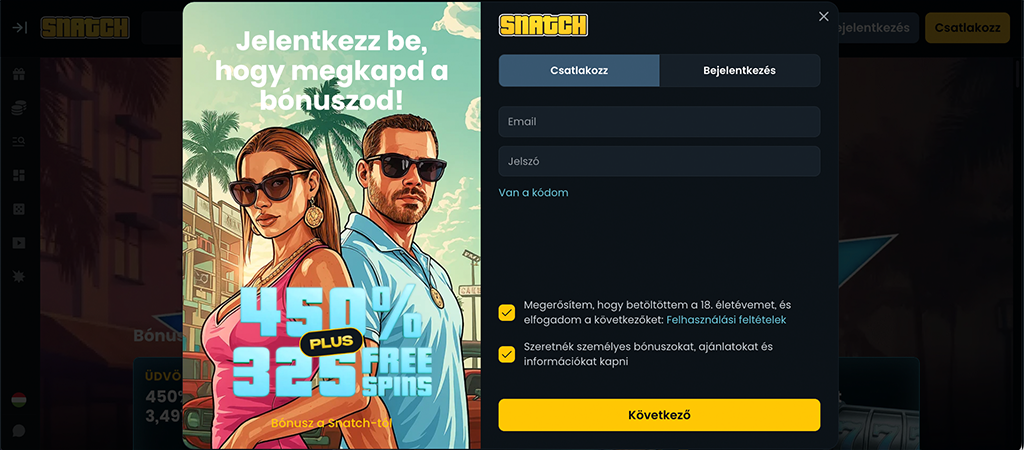 Regisztrációs lépések a Snatch Casino oldalán 