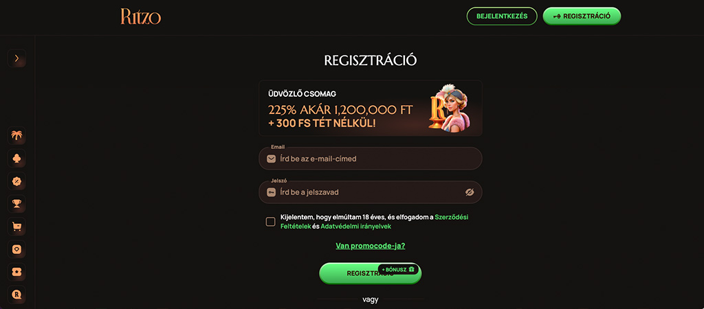 RitzoCasino üdvözlőcsomag, regisztráció