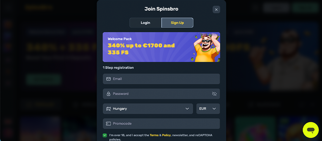 regisztrálj a SpinsBro Casino oldalára