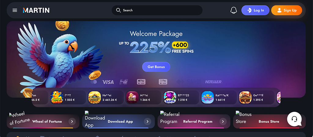 Martin Casino, online kaszinó, nyeremények