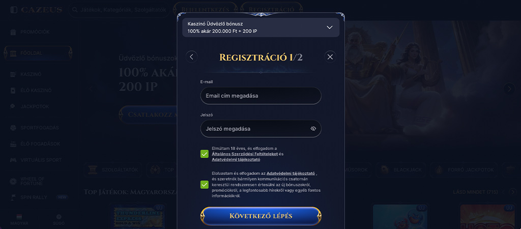 Cazeus Casino, regisztráció, kaszinó bónusz