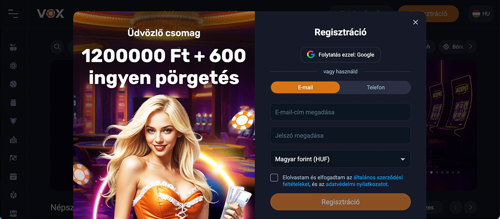 regisztráció lépései, Vox kaszinó, üdvözlő csomag