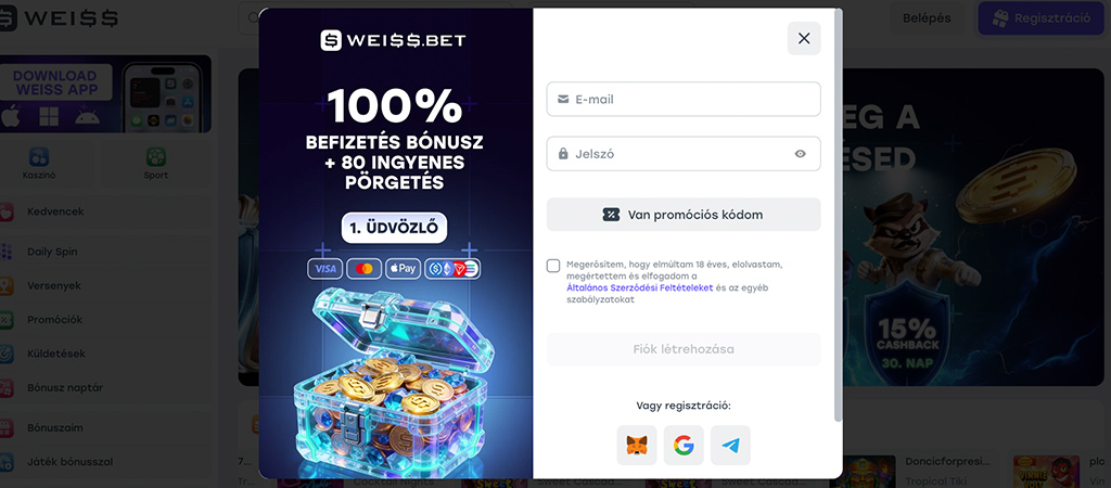 Weiss Casino, regisztráció, ingyenes pörgetés