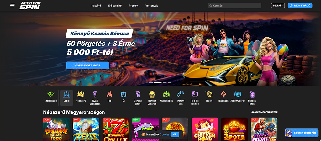 Need For Spin online casino, főoldal, hétvégi bónusz, sárga sportautó, cyberpunk stílus, népszerű játékok