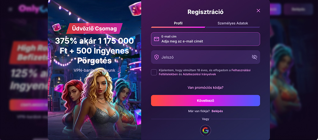 OnlyWin Casino, fiók létrehozás, regisztráció