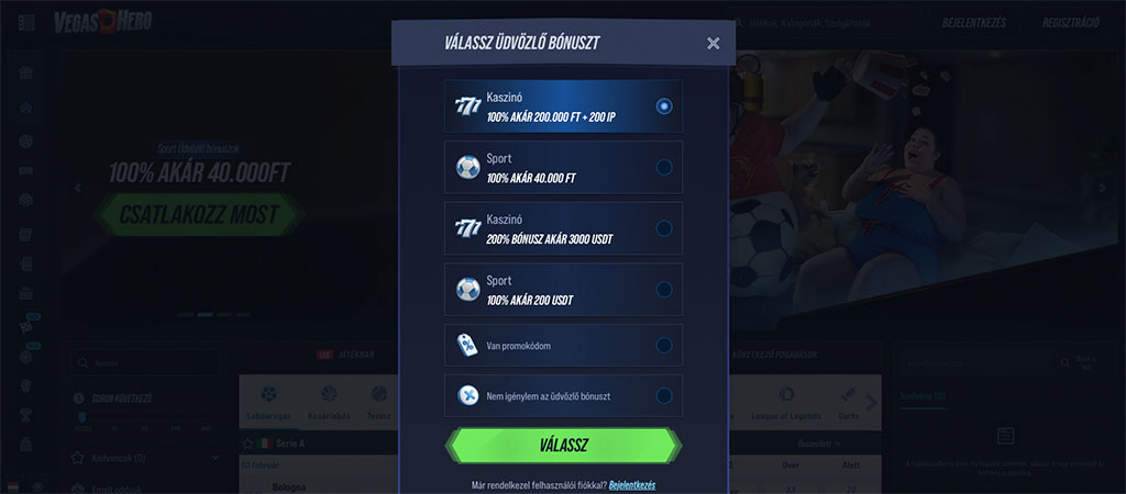 regisztráció, üdvözlő bónusz, online casino