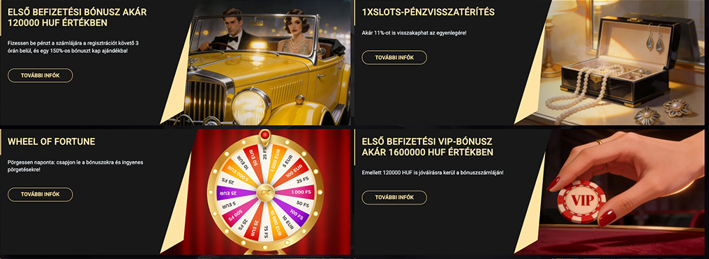 1xSlots bónusz ajánlatok, első befizetés, VIP bónusz, második befizetés, ingyenes pörgetések, ajándék jutalmak